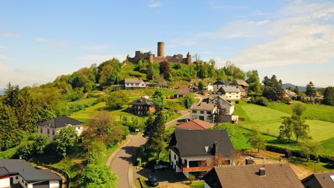 castle in nuremberg drone flying above beautiful buildings surrounded bright landscape vacation in sunny day