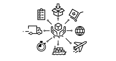 Animation Logistics, delivery, transportation, outline web icon set