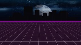 Animation of vintage video game screen with the words High Score written in pink metallic letters appearing and disappearing on grid moving in seamless loop, moon and cityscape at night in the