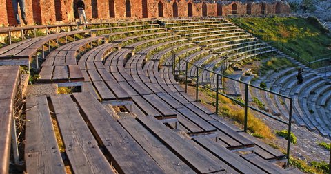 stairs or spectators seat in ancient theatre of taormina or teatro antico di taormina in sicily sicilia italy