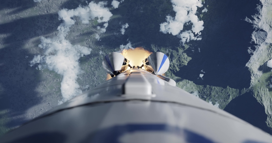 Rocket flying after launch animation. Daylight. Realistic cinematic 4k animation. Space rocket flying into sky with exhaust flames. Camera mounted on the body of the rocket and filming straight down. Royalty-Free Stock Footage #1047760342