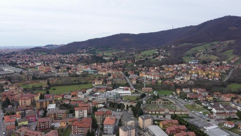 Alzano Lombardo, ZONA ROSSA, Bergamo Val Seriana Italy, paese deserto per epidemia quarantena, Drone Aerial Footage View of Coronavirus red zone quarantine,   // no video editing