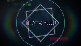 Animation of vintage video game screen with the words Thank You! written in white capital letters with geometric shapes rotating rainbow halo spots of light on dark blue background. Vintage video game - Powered by Shutterstock - Get 15% off with code: PIKWIZARD15