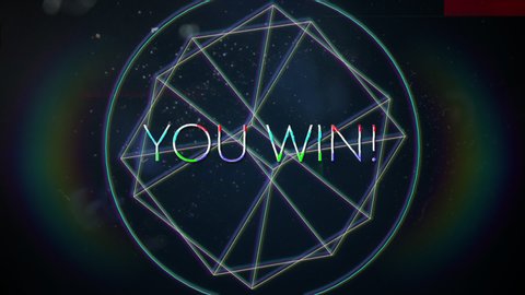 Animation of vintage video game screen with the words You Win! written in white capital letters with geometric shapes rotating rainbow halo spots of light on dark blue background. Vintage video game