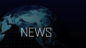 Animation of the word News written in white and rotating blue glowing digital globe with white grid flickering with interruption of data processing moving on black background. Global technology media - Powered by Shutterstock - Get 15% off with code: PIKWIZARD15