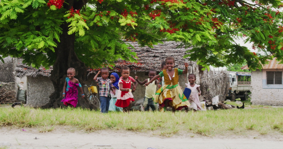 Authentic shot of happy carefree rural african kids friends are having fun to run and laughing in a sunny day on a village background. Concept: freedom, charity ,life, happiness, authenticity, friends Royalty-Free Stock Footage #1047766714