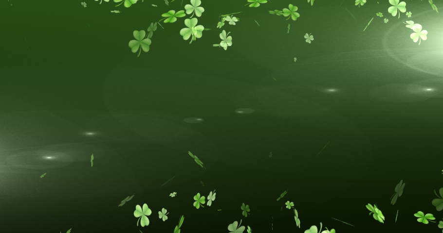 Animation of St Patricks Day multiple shimmering floating green shamrocks on top and bottom with spots of light on glowing green background. Celebration of Irish culture concept digitally generated