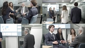 Collage of business people working in office. Multiscreen montage of professional multiethnic business people shaking hands and greeting each other in office. Business meeting concept