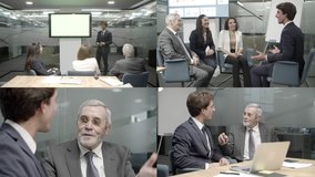 Businessmen and businesswomen during conversation. Multiscreen montage of professional multiethnic business colleagues talking about work and discussing new project in office. Cooperation concept