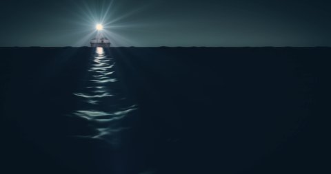Dazzling beam of flashing light from the lighthouse rotating over the sea at night. Lens flare effect. Visual Distress Signal. Night seascape animation with light house reflection in the water.