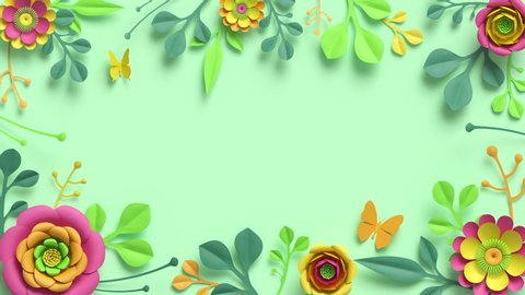 Festive floral frame animation. Blank botanical template with copy space. Colorful paper flowers and green leaves growing, appearing on pastel mint background. Decorative floral arrangement