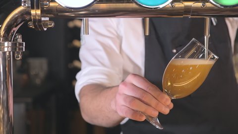 Bartender pouring beer into glass from a pub tap. Bartender hand pouring draught beer to glass. Pouring beer tap into glass