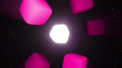 pink dice spinning without gravity on a space travel