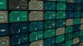 Abstract digital display with colorful rows of small cells or microchips with different numbers and moving scales on black background, seamless loop. Animation. Computers and information concept. - Powered by Shutterstock - Get 15% off with code: PIKWIZARD15