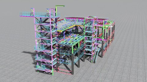 Flying over the top of a BIM model of an industrial building made of metal structures made by structural engineers. Development of detailed drawings of metal structures.