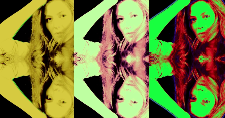 a triptych of a girl in a psychedelic effect of dancing shimmering in different colors