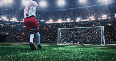 Soccer player performs a penalty kick on a professional stadium, with splashes and flames animation. Stadium and crowd are made in 3D.