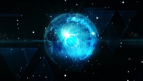 Animation of universe with globe spinning, markers pointing and multiple blue glowing spots of light striking with a wandering star moving around on black background. Digitally generated light - Powered by Shutterstock - Get 15% off with code: PIKWIZARD15