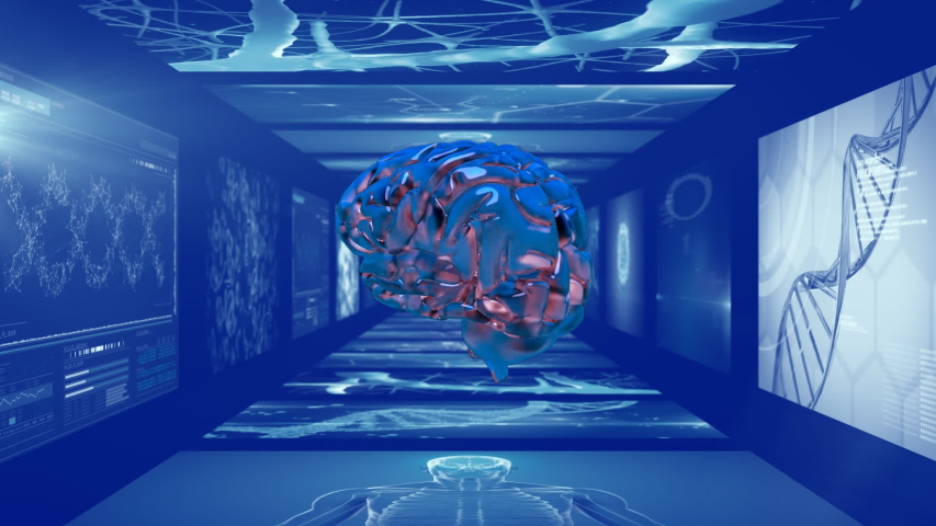 Animation of 3d blue glowing human brain rotating in front of magnetic resonance imaging scan screens and DNA strand spinning in the background. Global medicine science and research network digitally
