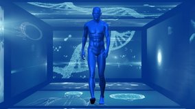 Animation of 3d blue model of human walking in hallway of magnetic resonance imaging scan screens and DNA strands rotating in the background. Global medicine science and research network digitally - Powered by Shutterstock - Get 15% off with code: PIKWIZARD15