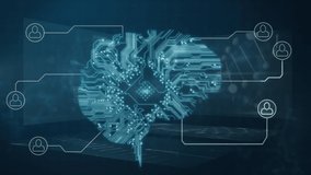 Animation of data processing with green glowing brain made of computer circuit board connections with network of people icons on green background. Global medicine science and research network - Powered by Shutterstock - Get 15% off with code: PIKWIZARD15