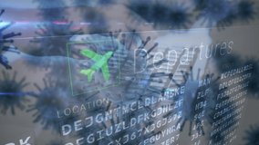 Animation of multiple macro corona virus spreading and floating with departures digital display board at the airport and person typing on computer keyboard in the background. Global health warning - Powered by Shutterstock - Get 15% off with code: PIKWIZARD15