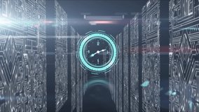 Animation of clock moving fast, data processing and digital information flowing through network of computer servers in a server room with white light trails flowing on surface.  - Powered by Shutterstock - Get 15% off with code: PIKWIZARD15