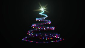 Abstract light spiral Christmas tree with bright star on top decorated with colorful baubles on solid black background. Cyan Christmas Tree made by a colorful trail of glitter. - Powered by Shutterstock - Get 15% off with code: PIKWIZARD15