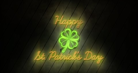 Animation of the words Happy St. Patricks Day written in neon flickering yellow letters with neon glowing green shamrock on black background. Celebration of Irish culture concept digitally generated