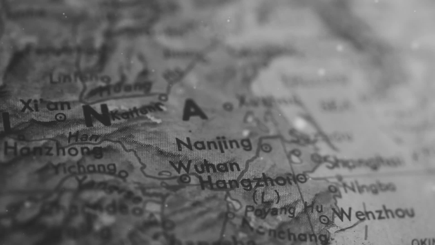 Wuhan and China in an Old Earth Globe Map. Black and White tone. Close-up. Zoom In.  