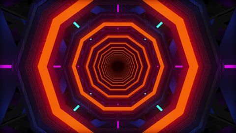 Abstract technological tunnel, metallic circles and orange neon lamps, looped animation, vj loop, endless corridor, 3d abstract background