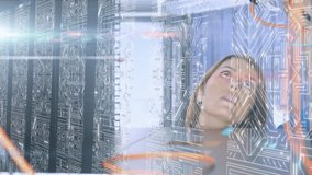 Animation of woman connecting computer cables,  data processing and digital information flowing through network of computer servers in a server room with white light trails flowing on surface. Global - Powered by Shutterstock - Get 15% off with code: PIKWIZARD15