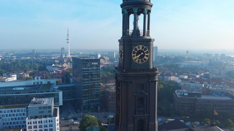 HAMBURG, GERMANY Drone shot of St. Michaelis. The church is one of Hamburgs major landmarks and the main evangelic church of the city.