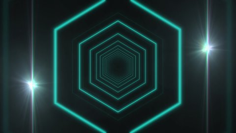 Animation of tunnel of multiple glowing distorted turquoise hexagon outlines moving in repetition with glowing spot lights on black background. Repetition and flowing light motion digitally generated