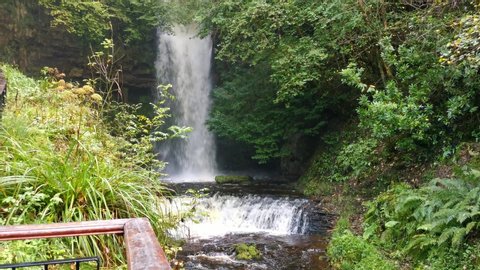 Glencar waterfall nested in small gorge in Ireland and late in Autumn filled with water after rain.