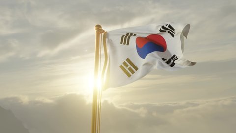Flag of South Korea Waving in the wind, Sky and Sun Background, Slow Motion, Realistic Animation, 4K UHD 60 FPS Slow-Motion