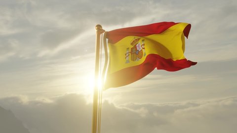 Flag of Spain Waving in the wind, Sky and Sun Background, Slow Motion, Realistic Animation, 4K UHD 60 FPS Slow-Motion