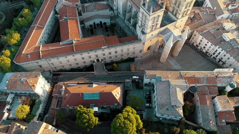 Montpellier, France - July 2019: Aerial view of the city at sunrise. Occitanie Languedoc Roussillon. Tilt down around Cathedral Saint-Pierre. Birdeye view of the streets