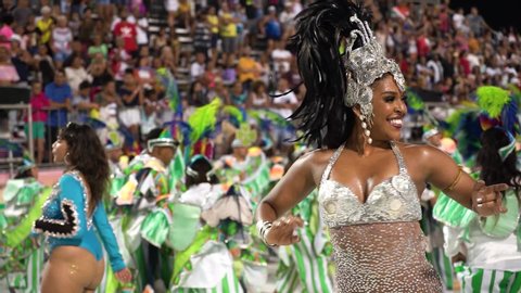 Santos / Brazil - February 2020: colorful people dancing samba at carnival brazil
