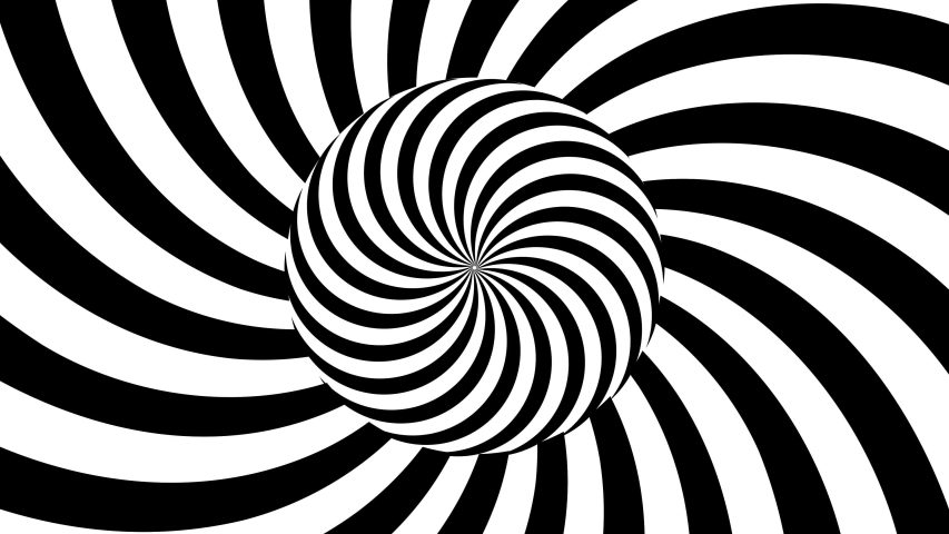 Black and white psychedelic optical illusion. Abstract hypnotic animated background. Spiral geometric looping. Surreal modern  dynamic backdrop. 3D seamless 4K HD animation