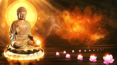 3D illustration Buddha sat in a lotus flower floating on the water surface on a golden background and shining light.