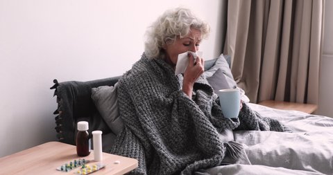 Ill senior grandma blowing running nose caught cold sits in bed covered with warm blanket. Sick senior woman holding tissue drinking tea having flu virus symptom. Old people influenza treatment