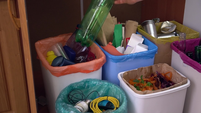 Household kitchen waste sorting system. Waste Recycling, recyclable materials. Plastic bottles, paper, carton, glass bottles and jars, metal packaging, compost, electronic equipment, small battery  