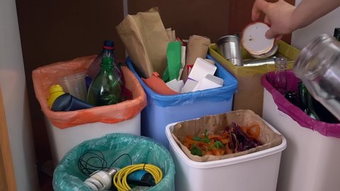 Household kitchen waste sorting system. Waste Recycling, recyclable materials. Plastic bottles, paper, carton, glass bottles and jars, metal packaging, compost, electronic equipment, small battery  