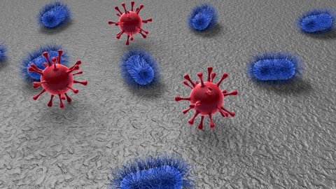 3D animation Microworld (zoom in view of pathogenic microorganisms and viruses) on the surface. Safety and hygiene concept.