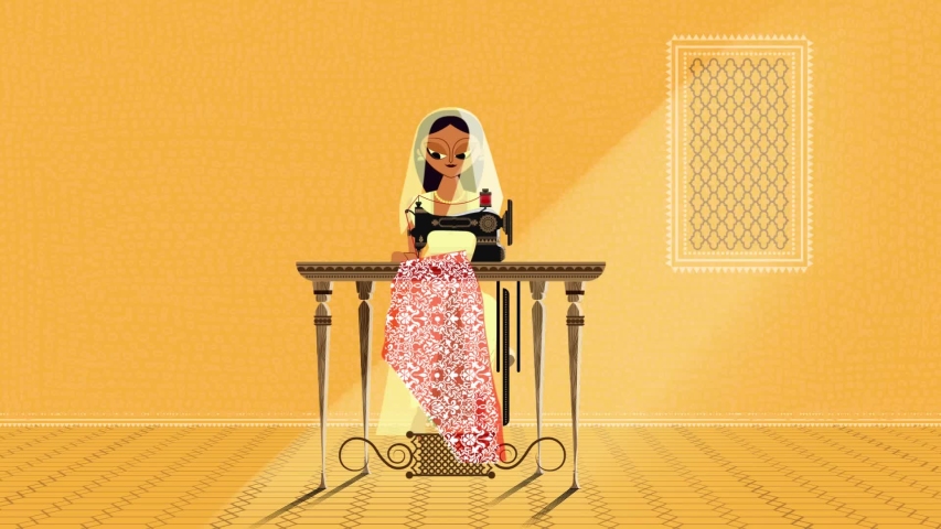 Indian women sewing cloth on sewing machine loop animation