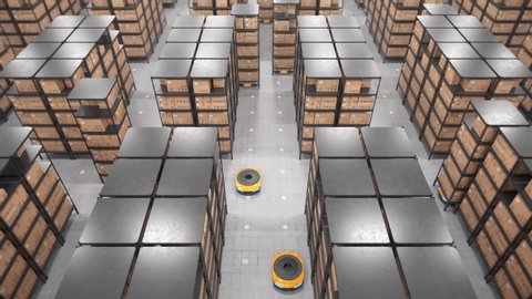 Autonomous robots moving shelves with cardboard boxes in automated warehouse. Seamless looping aerial shot. Automated warehouse of the future concept. Realistic high quality 3d rendering animation.