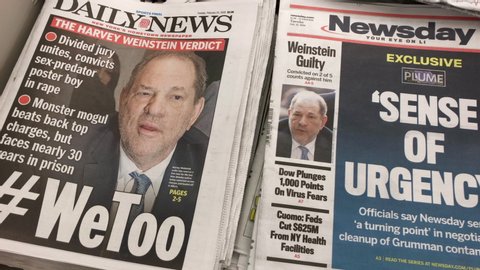 New York, New York / United States - February 25 2020: Harvey Weinstein Guilty of rape. Front page of newspapers. Pan of various newspapers headlines.