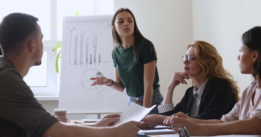 Focused smart young female speaker presenter reporting new project research results near whiteboard with charts, answering questions of concentrated diverse colleagues at meeting in modern office. Royalty-Free Stock Footage #1047898864