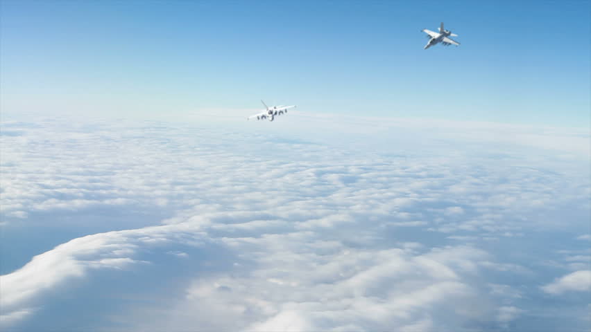 TWO F18 Fighter Jets flying high above the clouds. (Highly detailed animation of